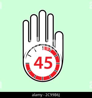 raised, open hand with a watch on it. Time for rest or break, pause. 45 minutes or seconds. Flat design. Stock Vector