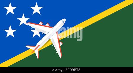 Vector Illustration of a passenger plane flying over the flag of the Solomon Islands. Concept of tourism and travel Stock Vector