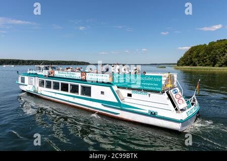 excursion boat STADT MALCHOW of Reederei Pickran on the Lake Plau, Germany Stock Photo