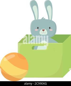 kids toys cute rabbit on box and ball object amusing cartoon vector illustration Stock Vector