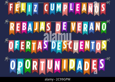 Vector illustration. Happy birthday and sales banner in spanish. Stock Vector