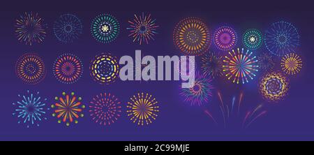 Set of festive fireworks. Vector colorful and monochrome celebration firework. Stock Vector