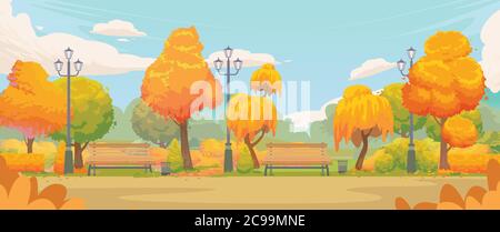 Empty autumn park. Cartoon autumn park road with yellow trees and benches. Autumn panoramic landscape september colorful vector background. Stock Vector