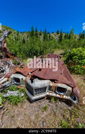 Miners Car abandoned during the eruption, its owners soon dead, in Mount St. Helens National Volcanic Monument, Gifford Pinchot National Forest, Washi Stock Photo