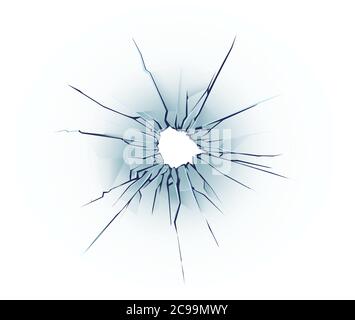 Bullet hole on the glass. Cracked window texture realistic destruction hole. vector illustration Stock Vector