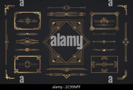 Set of Art Deco elements. Vector elements of geometric golden label frame, gold frames, vintage antique elegant design set. Stock Vector