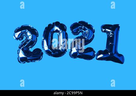 Golden Christmas Balls 2021. On the blue background. New Year concept. Party decoration, anniversary sign for holidays, celebration, carnival Stock Photo