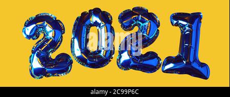 Golden Christmas Balls 2021. On the yellow background. New Year concept. Party decoration, anniversary sign for holidays, celebration, carnival. Banner Stock Photo