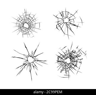 Broken glass. Set of cracked glass surface silhouette. Broken window or mirror after bullet. Vector illustration Stock Vector