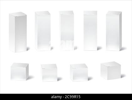 Blank white box mockup. Different positions of retail cardboard box for design or branding. Vector illustration isolated on white background. Stock Vector