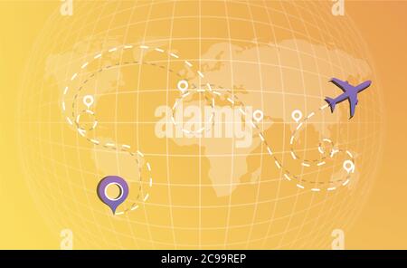 The route of the aircraft on the world map with points of stops, transfers. Airplane line path icon of air plane flight route with start point and Stock Vector