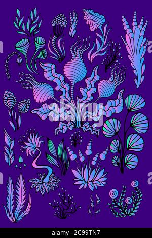 Vintage fantastic colorful big set alien plants, bright neon purple pink blue color, isolated on violet background. Vector hand drawn collection with Stock Vector