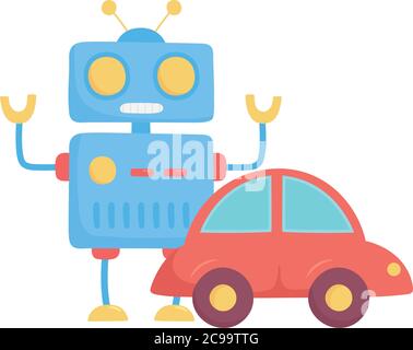 toys object for small kids to play cartoon robot and car vector illustration Stock Vector