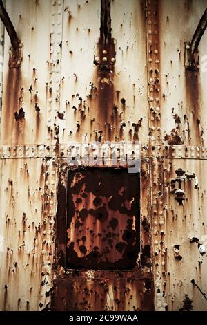 Rusty riveted steel plates on Thorngumbald lighthouse (1870), East Riding of Yorkshire, UK. Stock Photo