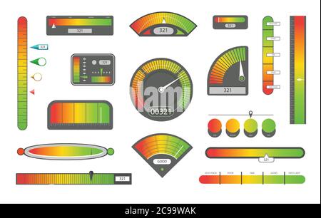 Credit score indicators. Customer satisfaction indicators with poor and good levels. Speedometer goods gauge rating meter. Stock Vector