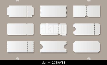 Blank ticket template set. White clear ticket for festival concert and cinema vector invitation card. Stock Vector