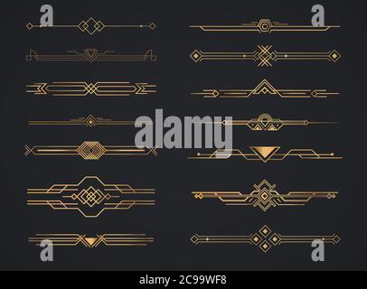 Art deco golden headers. Set of Art deco calligraphic page decoration vignettes. Vector design golden art deco border template. Stock Vector
