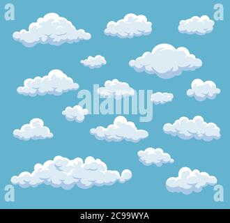 Cartoon Clouds Set. Vector cloud isolated on blue sky. Collection of clouds for web site,poster,placard and wallpaper. Stock Vector