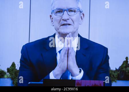 Washington, United States. 29th July, 2020. Apple CEO Tim Cook speaks via video conference before the House Judiciary Subcommittee on Antitrust, Commercial and Administrative Law at the U.S. Capitol in Washington, DC on July 29, 2020. The committee is looking into the power of Amazon, Apple, Facebook and Google by hearing testimony virtually from their CEOs. Pool Photo by Graeme Jennings/UPI Credit: UPI/Alamy Live News Stock Photo