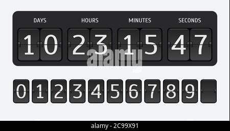 Flip countdown timer. Vector time remaining count down flip board with scoreboard of day, hour, minutes and seconds. Stock Vector