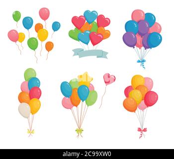 Set of festive balloons. Birthday party or carnival decorations balloon. Bunch of balloons flying in the air. Isolated vector illustration. Stock Vector