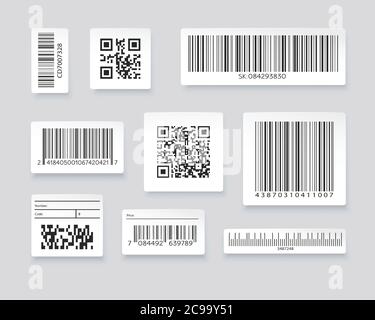 QR codes and barcode labels. Supermarket scan code bars, industrial barcode labels. Barcode label for scan, bar code sticker, vector illustration. Stock Vector