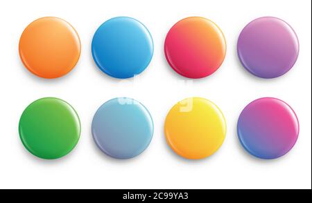 Circle button badge. Big set of colorful glossy badge or button. Round plastic pin, emblem, volunteer label. Colorful isolated vector mockup icons set Stock Vector