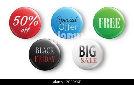 Set of glossy sale buttons. Big sale, special offer, 50 off, black friday. Glossy sale badges isolated on white background. Stock Vector