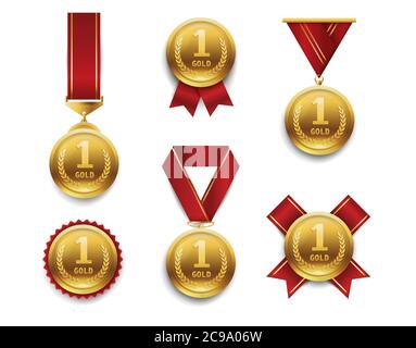 Gold medals set. Award winner trophy, 1st placement achievement. Round medal with different red ribbons. Realistic vector illustration isolated on Stock Vector