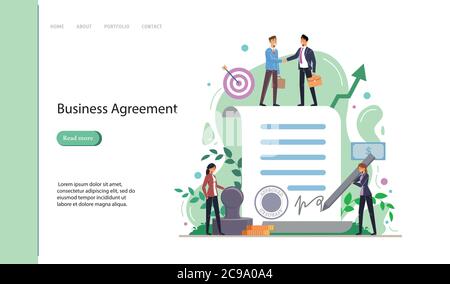 Business agreement. People standing on a signed contract. Vector illustration Stock Vector