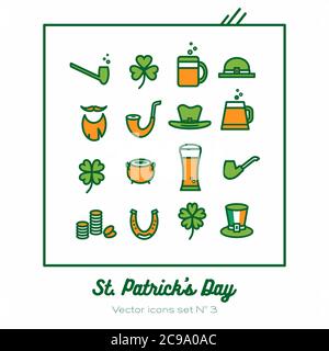 Saint Patricks day vector icons set. Green orange line art flat icons for logo, sign, buttons. Minimalist st Patrick day Stock Vector