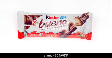 Kinder bueno crispy creamy chocolate bar by Ferrero with a hazelnut cream filled wafer covered with chocolate Stock Photo