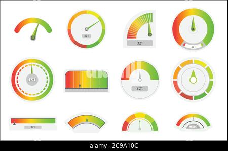 Business credit score speedometers. Credit score indicators with color levels from poor to good. Level indicator, credit loan scoring manometers Stock Vector