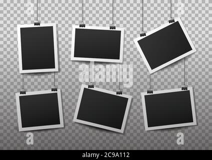 Hanging photo frames. Black empty place for your text or photo. Vertical and horizontal photo design template. Stock Vector