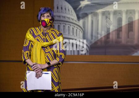Washington, United States. 29th July, 2020. Rep. Rosa Delauro, D-CA, listens to Speaker of the House Nancy Pelosi, D-Calif speak at the press conference on the Child Care Relief included in the Cares Act at the U.S. Capitol in Washington DC on Wednesday, July 29, 2020. Photo by Tasos Katopodis/UPI Credit: UPI/Alamy Live News Stock Photo