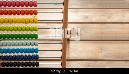 School abacus with colorful beads on wooden desk, close up view, copy space. Kids learning count, children math class concept Stock Photo