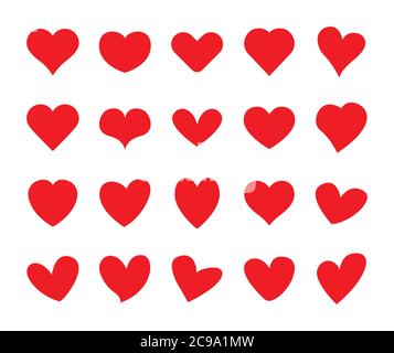 Love heart icon. Flat red heart silhouettes vector isolated on white background. Stock Vector