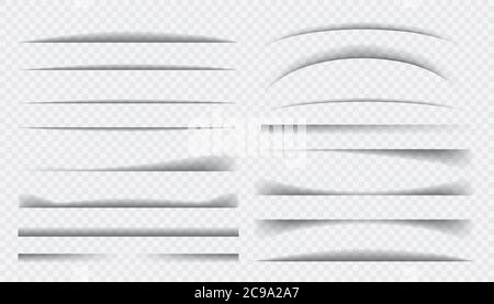 Set of black shadow. Paper divider tabs web lines break frame realistic transparent shadows. Stock Vector