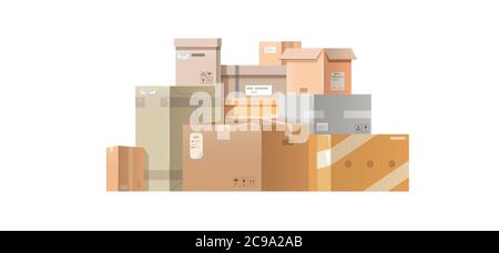 Pile cardboard boxes. Many cartons, boxes of different size. Flat style vector illustration isolated on white background. Stock Vector