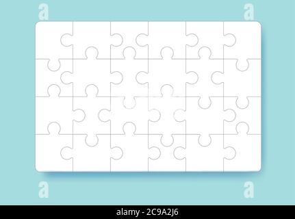Puzzle pieces grid. Jigsaw puzzle 24 pieces, thinking game and 4x6 jigsaws detail frame design. Thinking puzzle game, success mosaic solution vector Stock Vector