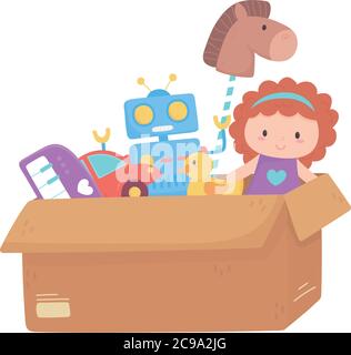 doll robot car duck toys object for small kids to play cartoon in cardboard box vector illustration Stock Vector