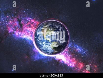 Earth planet of Solar system in Black hole somewhere in space near th Milky way. Dramatic space background. 3D rendered illustration Stock Photo