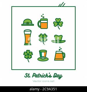 Saint Patricks day vector icons set. Green orange line art flat icons for logo, sign, buttons. Minimalist st Patrick day Stock Vector