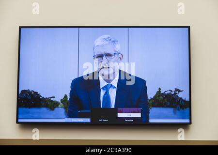 Apple CEO Tim Cook speaks via video conference during an Antitrust, Commercial and Administrative Law Subcommittee hearing, on Capitol Hill, in Washington, Wednesday, July 29, 2020, on 'Online platforms and market power. Examining the dominance of Amazon, Facebook, Google and Apple'Credit: Graeme Jennings/Pool via CNP/MediaPunch Stock Photo