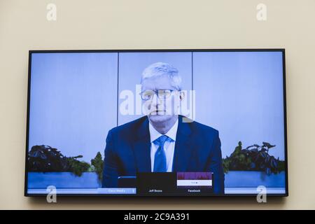 Apple CEO Tim Cook speaks via video conference during an Antitrust, Commercial and Administrative Law Subcommittee hearing, on Capitol Hill, in Washington, Wednesday, July 29, 2020, on 'Online platforms and market power. Examining the dominance of Amazon, Facebook, Google and Apple'Credit: Graeme Jennings/Pool via CNP/MediaPunch Stock Photo