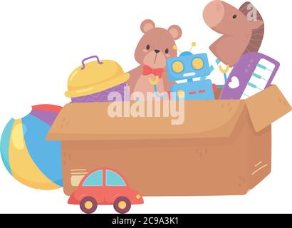 toys object for small kids to play cartoon in cardboard box vector illustration Stock Vector