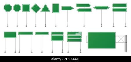 Set of green road signs. Blank traffic road, empty, warning, caution, attention, stop, safety, shape danger. Vector illustration. Stock Vector