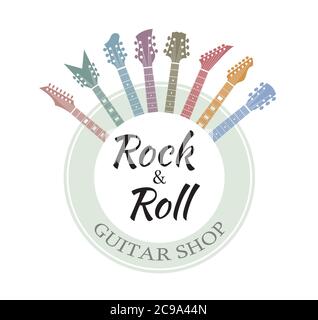 Guitar shop logo. Flat musical instrument, minimal abstract music symbols vector. Stock Vector