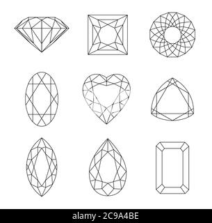 Gem stones line icons. Diamonds gems, luxury jewel gemstones and precious gem. Vector set of diamond design elements. Stock Vector