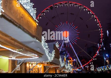 BRUSSELS, BELGIUM- DECEMBER 31, 2018: Night view of Christmas Ferris wheel in Brussels, Belgium on December 31, 2018. Stock Photo
